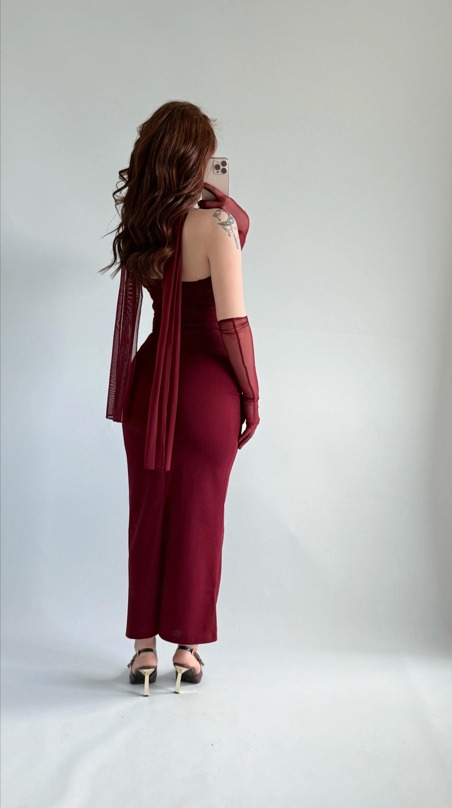 Burgundy SCUBA CREP FABRIC DRESS WITH MESH GLOVE