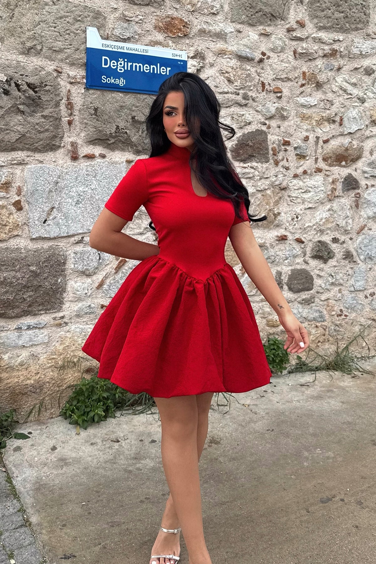 Red Window Detail Mini Dress