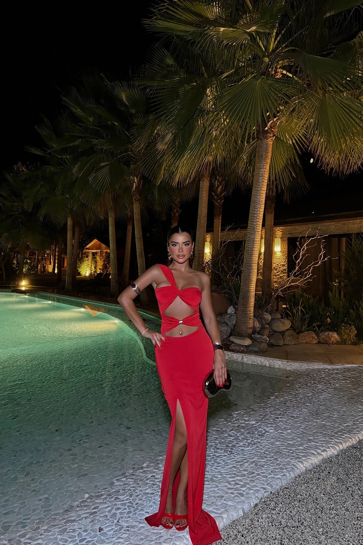 Red Window Detail Deep Slit Dress