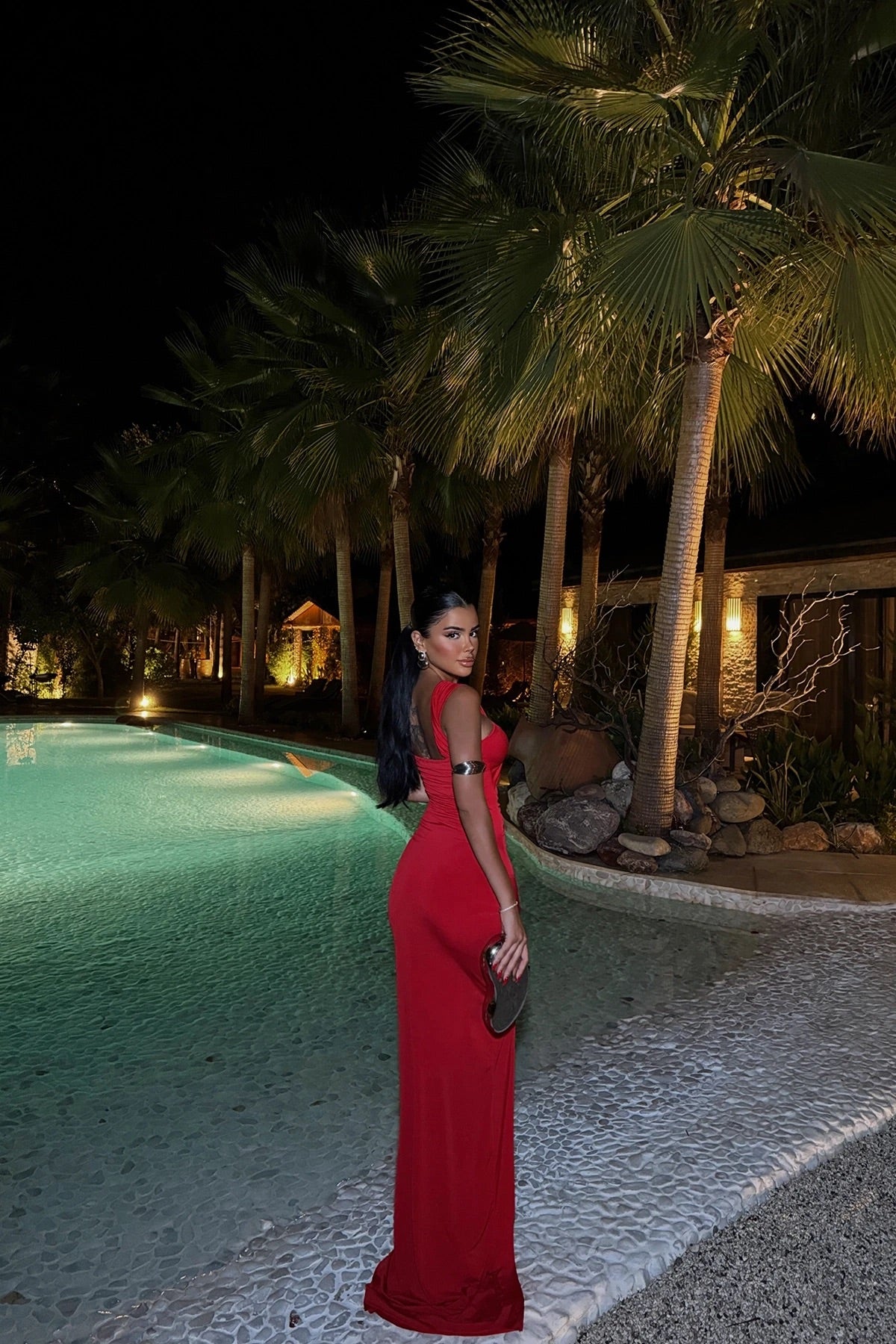 Red Window Detail Deep Slit Dress