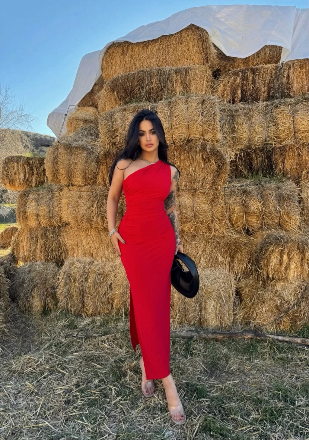 Red  Single Sleeve Gathered Long Dress