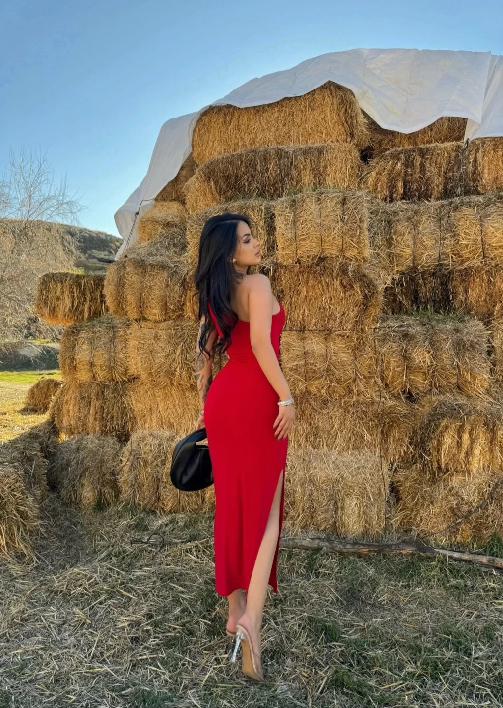 Red  Single Sleeve Gathered Long Dress