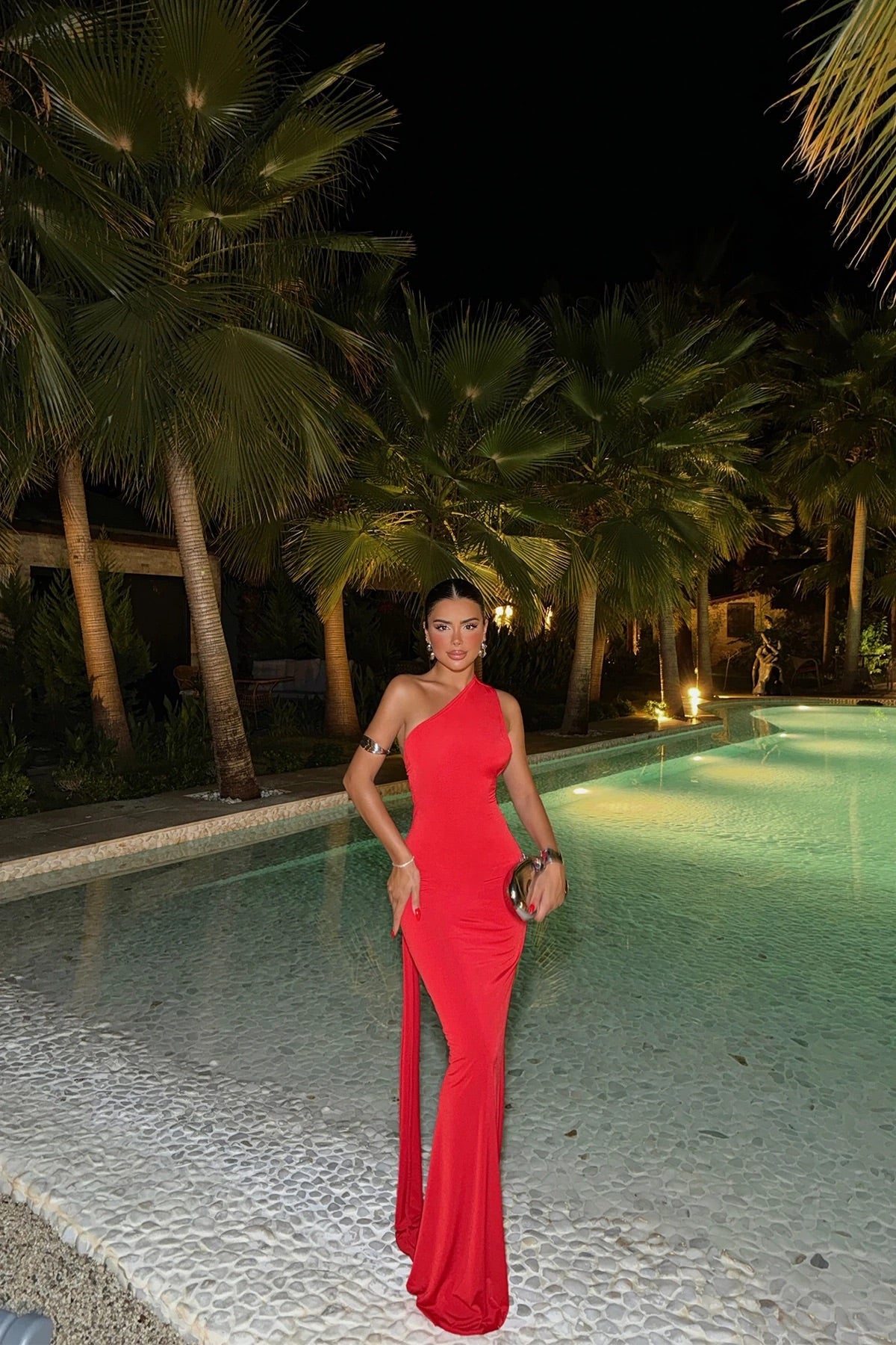 Red Back Tie Ring Detail Long Dress