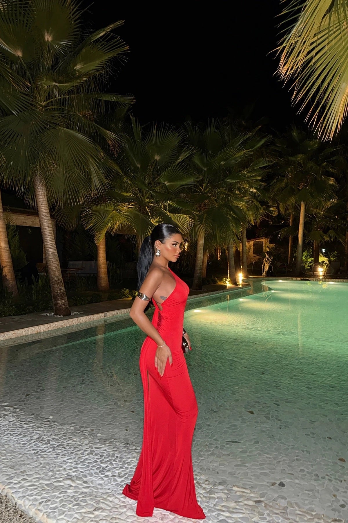Red Back Tie Ring Detail Long Dress