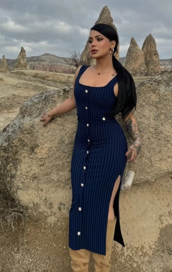 Navy Blue Buttoned Midi Striped Dress
