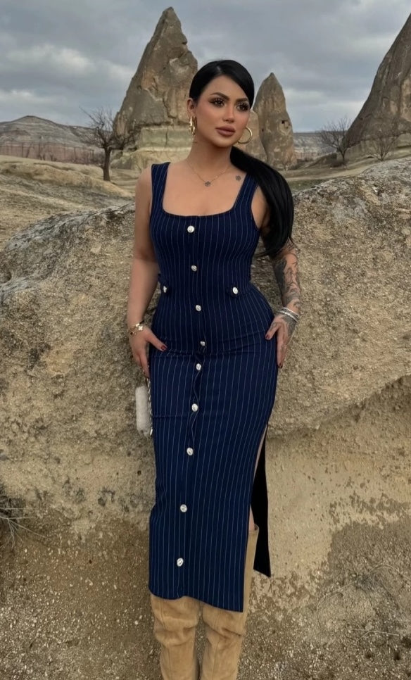 Navy Blue Buttoned Midi Striped Dress