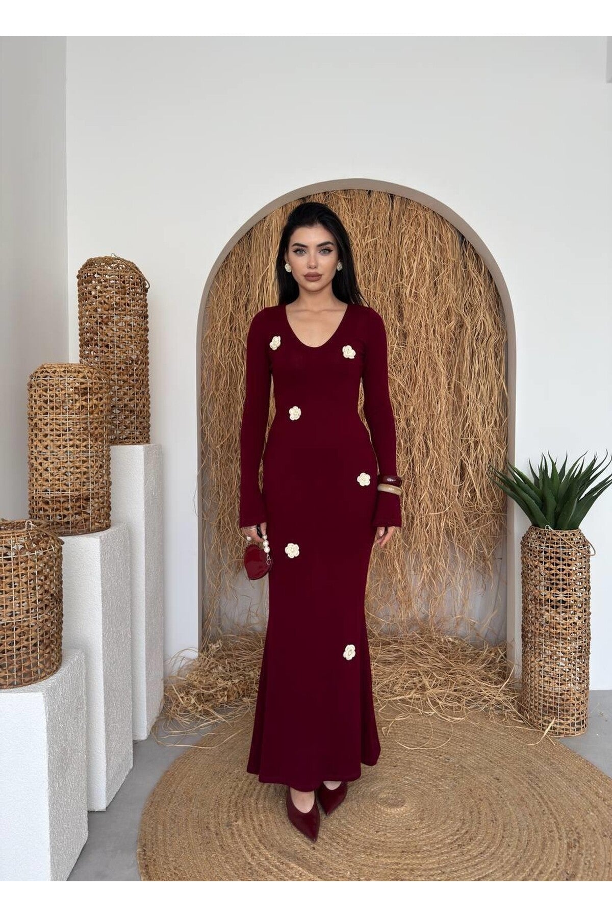 burgundy Major Flower Detail Dress