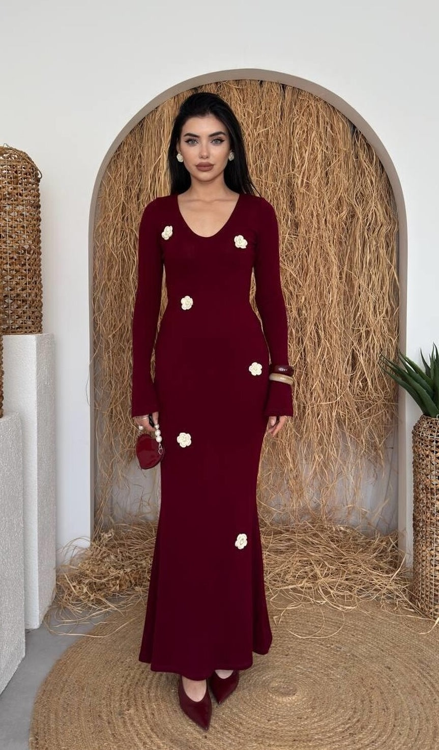 burgundy Major Flower Detail Dress