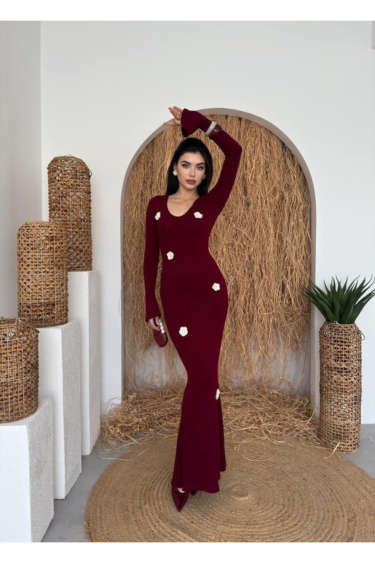 burgundy Major Flower Detail Dress
