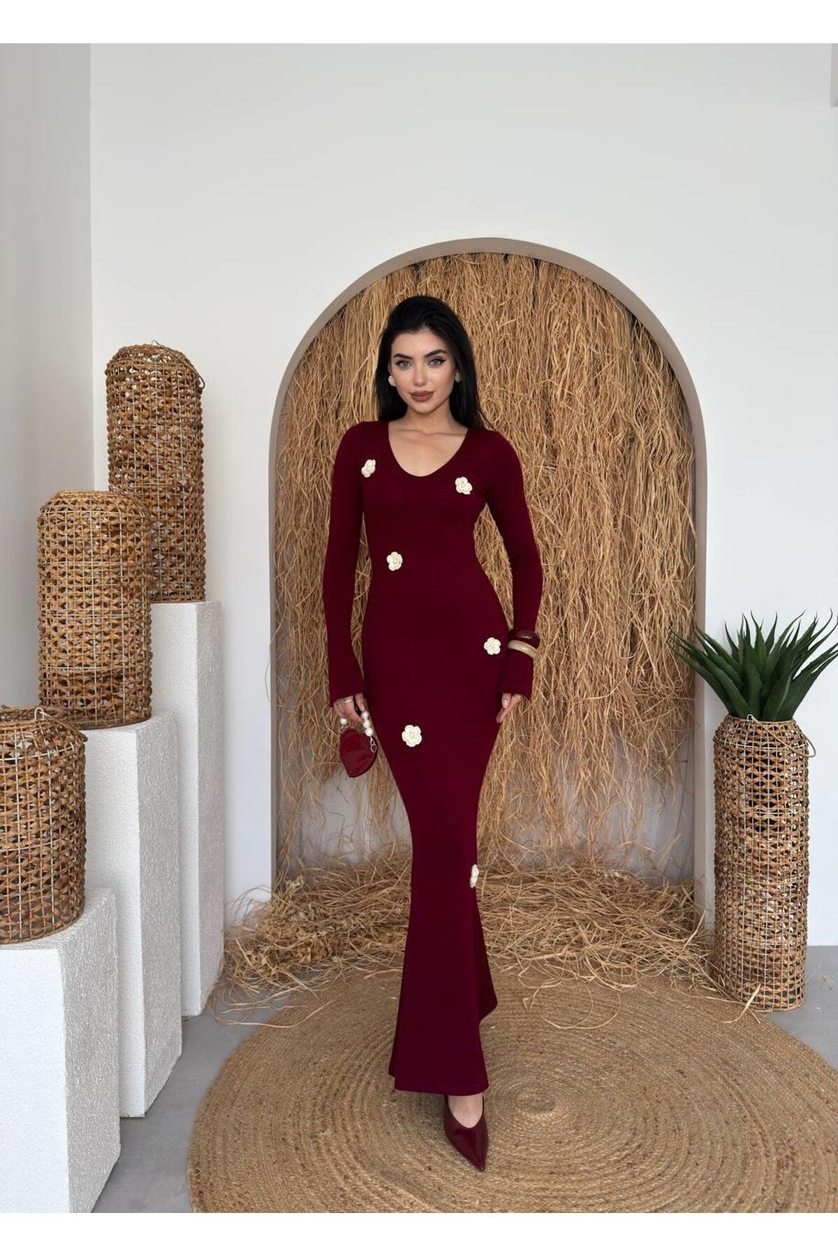 burgundy Major Flower Detail Dress