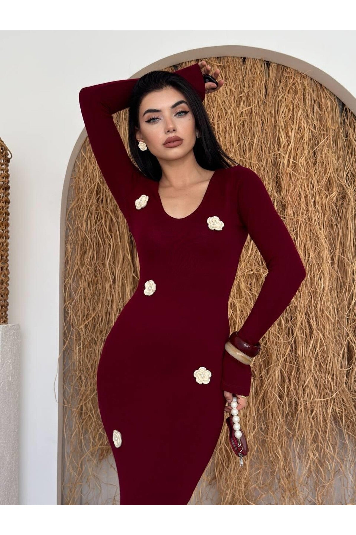 burgundy Major Flower Detail Dress