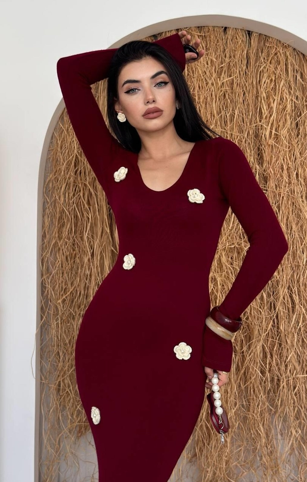 burgundy Major Flower Detail Dress