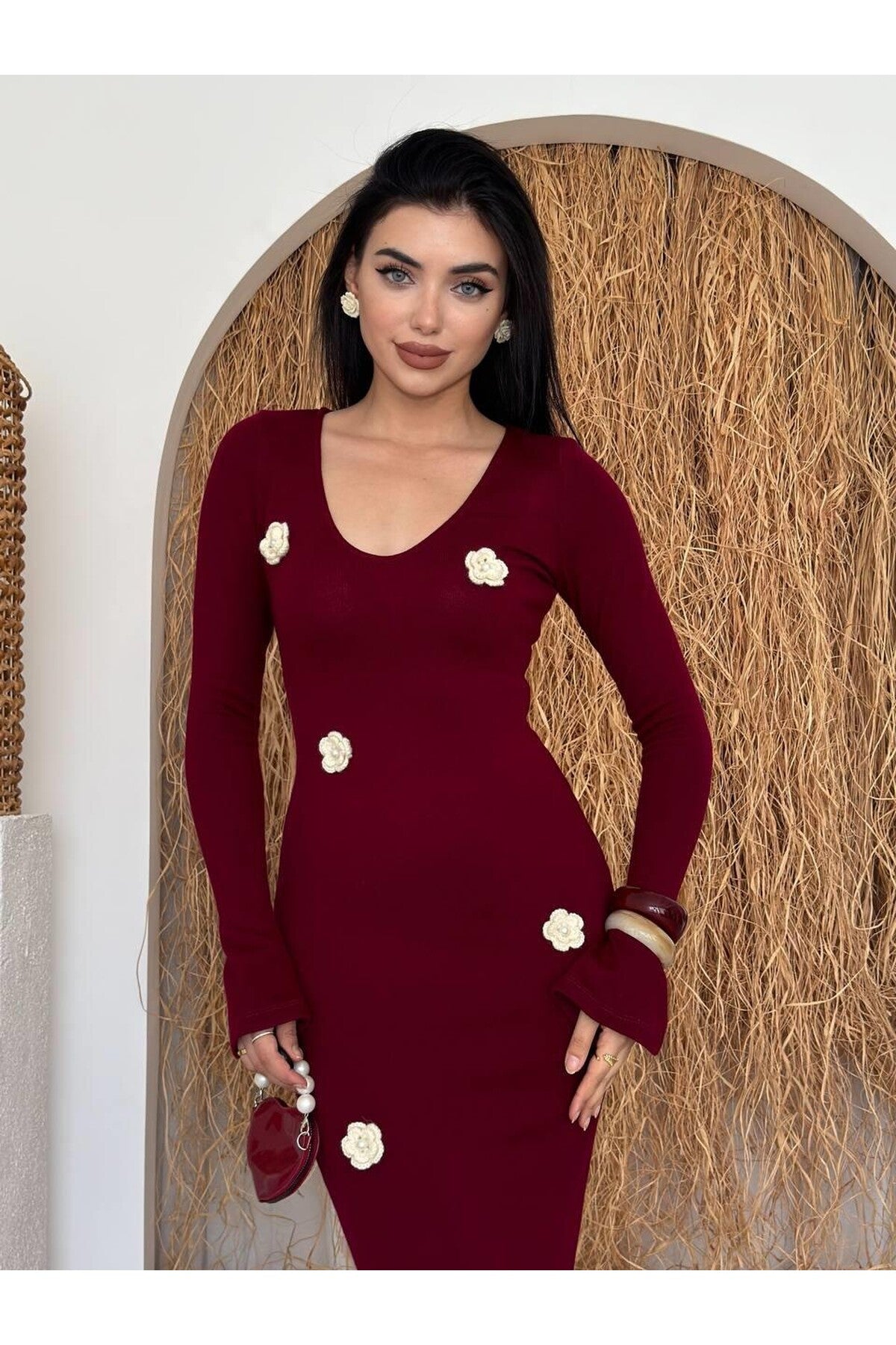 burgundy Major Flower Detail Dress