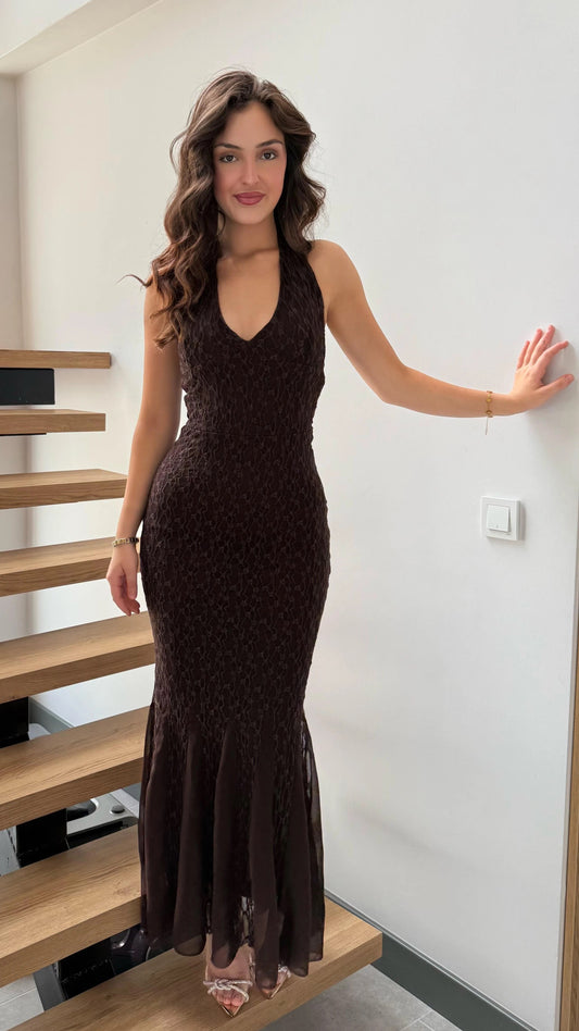Brown lace low-cut dress
