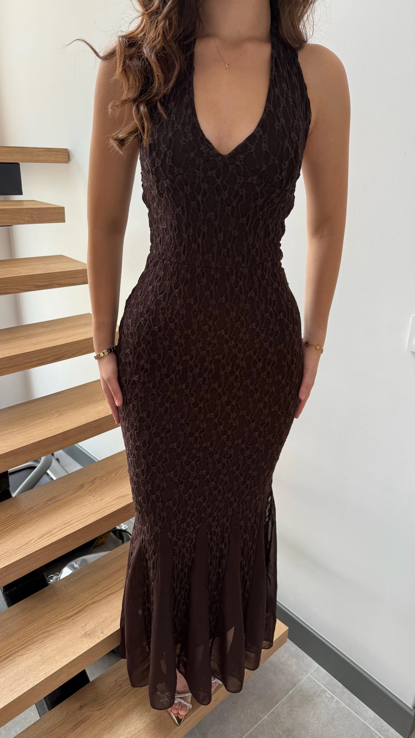 Brown lace low-cut dress