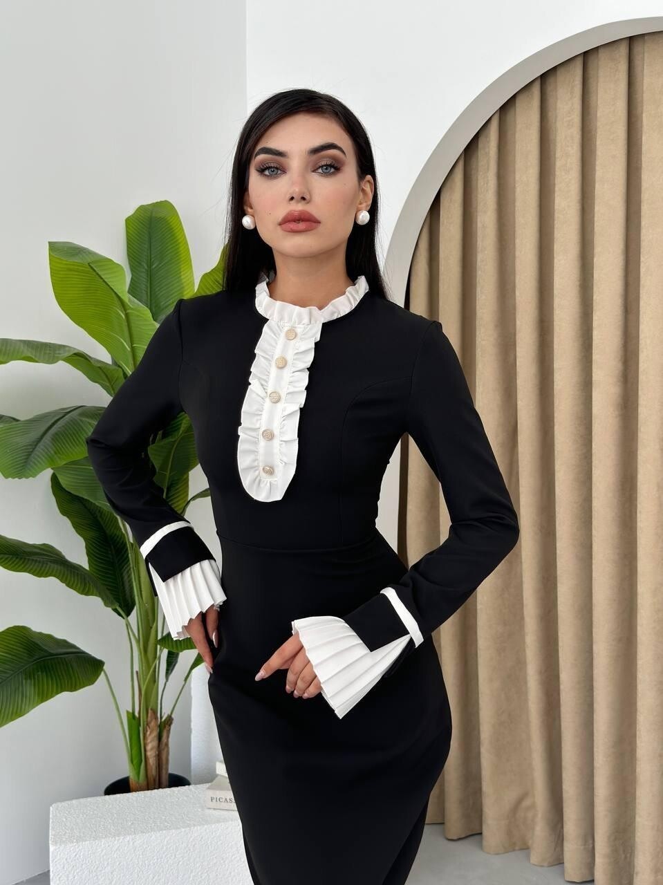 Black Ripon Long Sleeve Dress