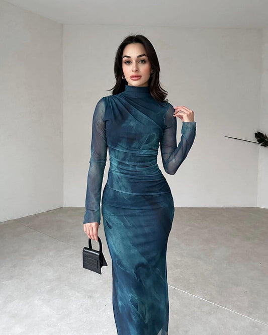 Long Tulle Sleeve Drape Detailed  Petrol Green Midi Dress