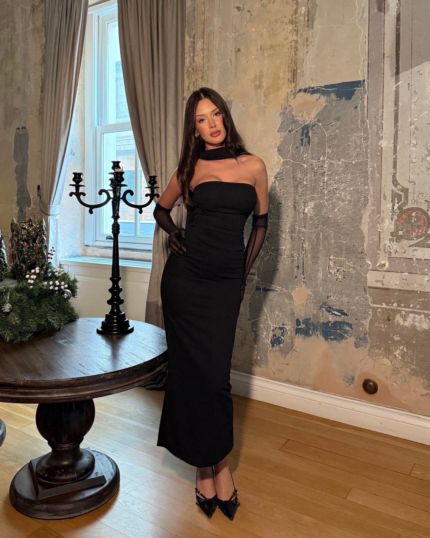 Black SCUBA CREP FABRIC DRESS WITH MESH GLOVE