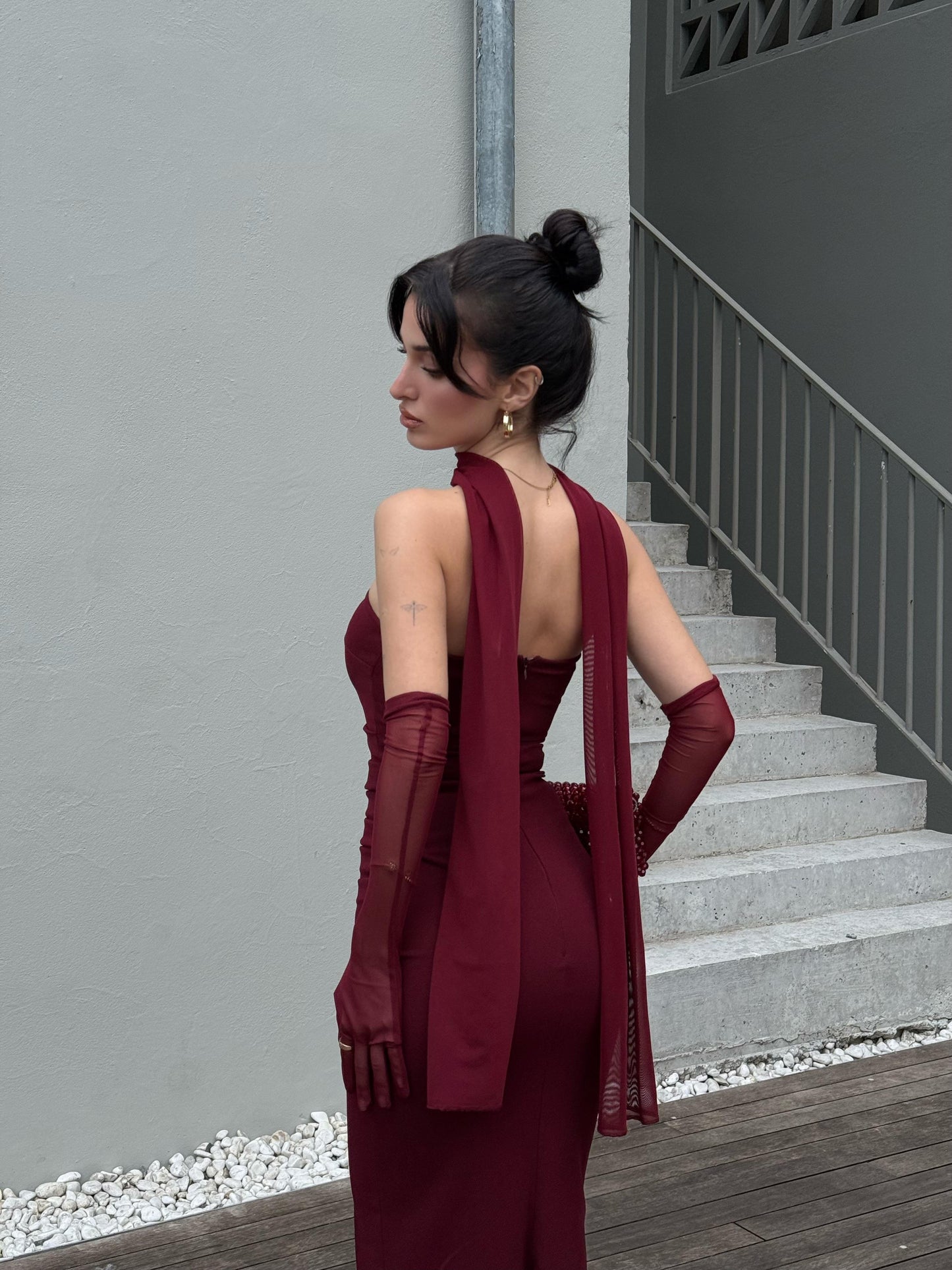Burgundy SCUBA CREP FABRIC DRESS WITH MESH GLOVE