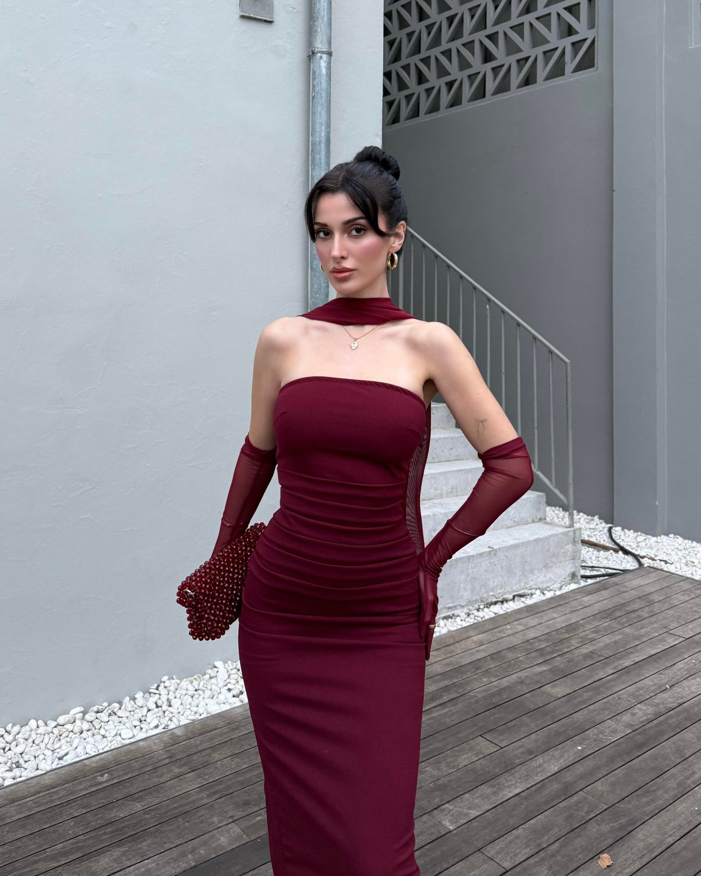 Burgundy SCUBA CREP FABRIC DRESS WITH MESH GLOVE
