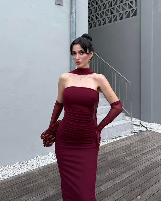 Burgundy SCUBA CREP FABRIC DRESS WITH MESH GLOVE