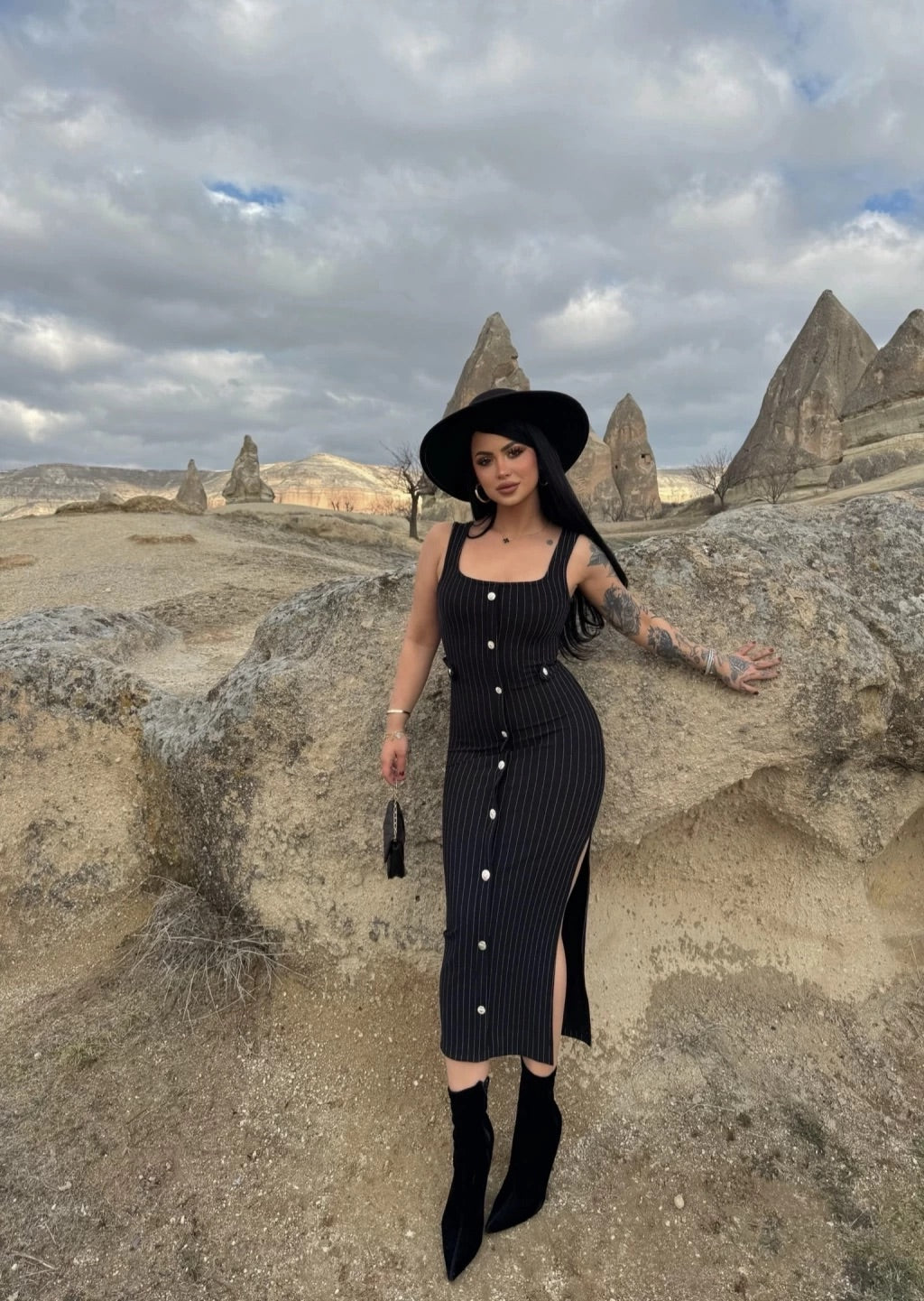 Black Buttoned Midi Striped Dress