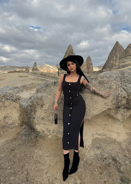 Black Buttoned Midi Striped Dress