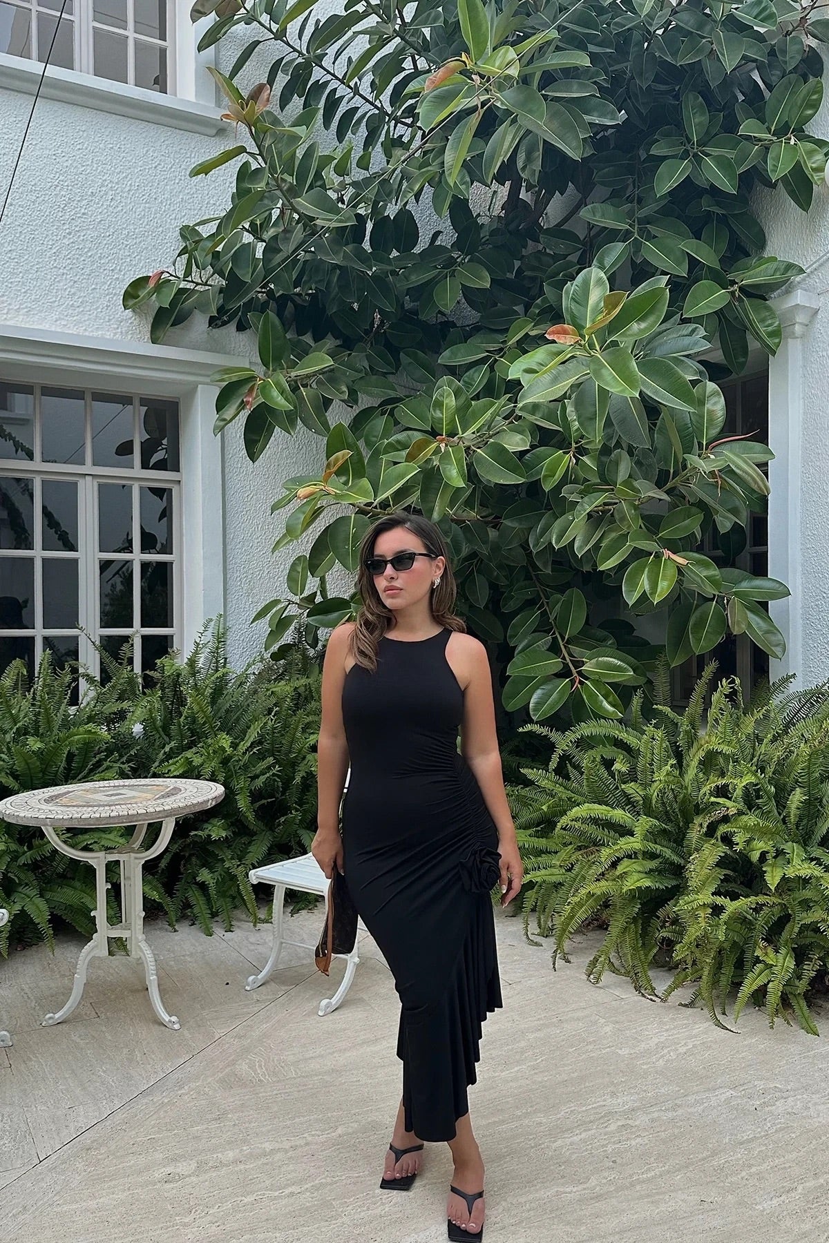 Black rose detail long dress with frilly