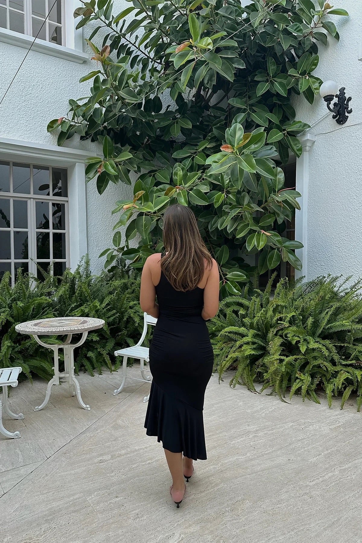 Black rose detail long dress with frilly