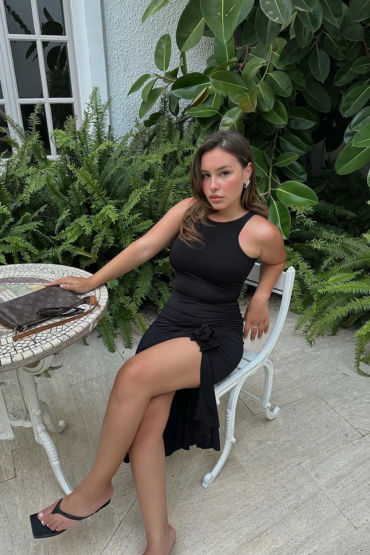 Black rose detail long dress with frilly