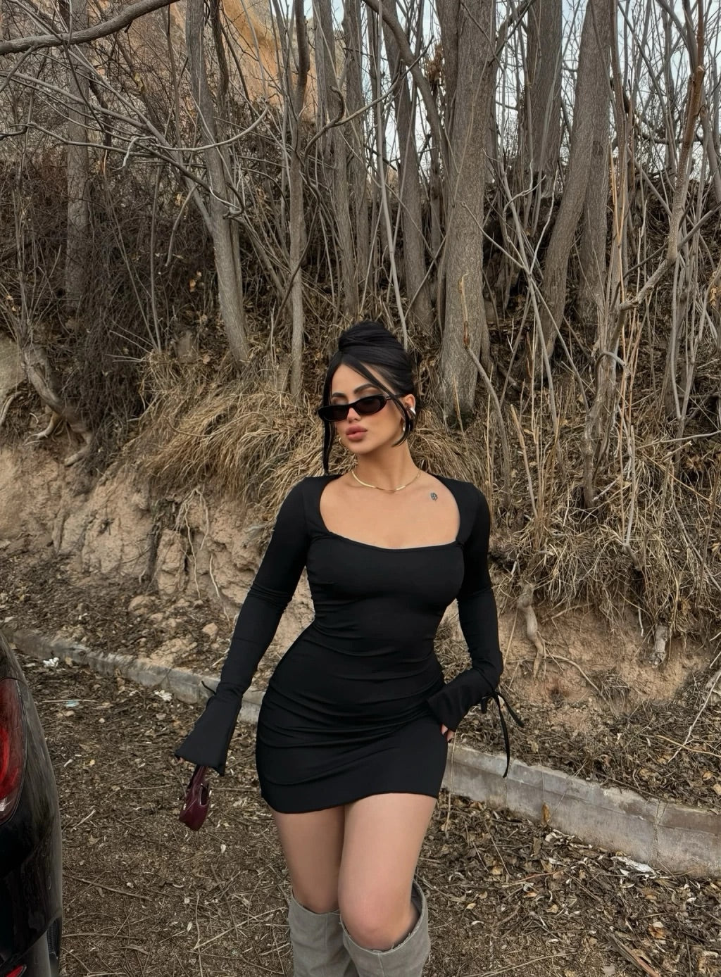 Black Square Neck Ruffle Sleeve Dress