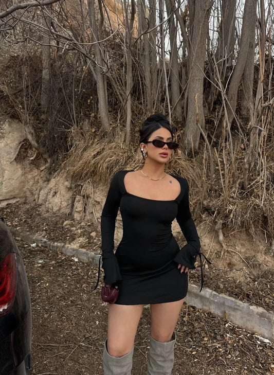Black Square Neck Ruffle Sleeve Dress