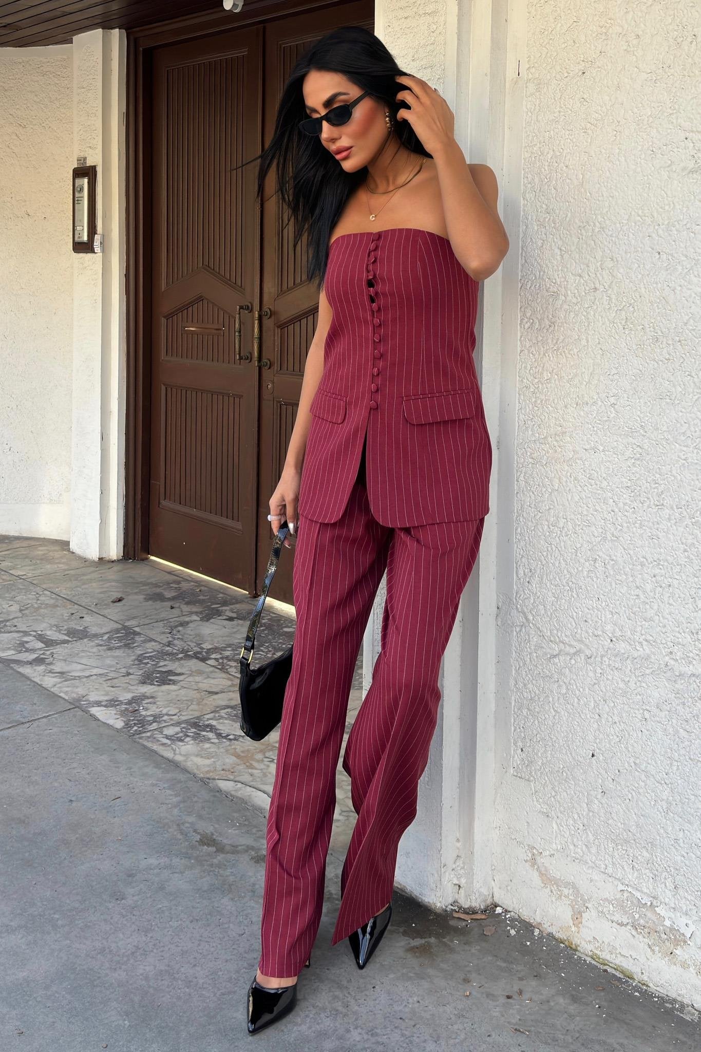 Strapless Top Striped Stylish Double Set