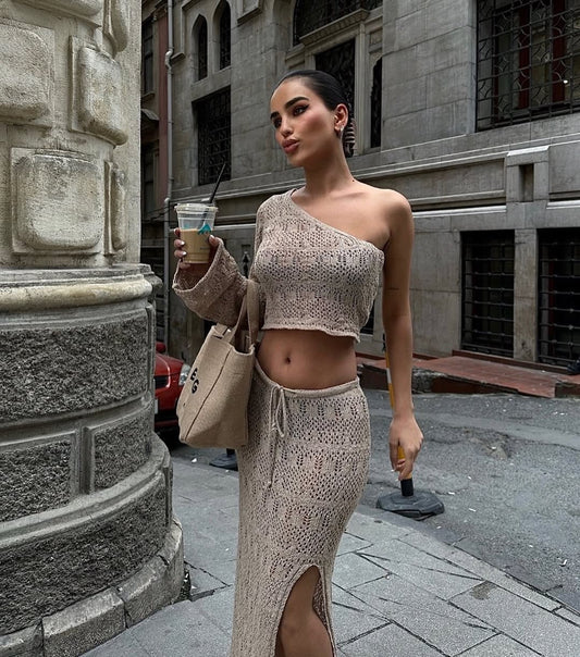 Biege One Shoulder Decollete Set