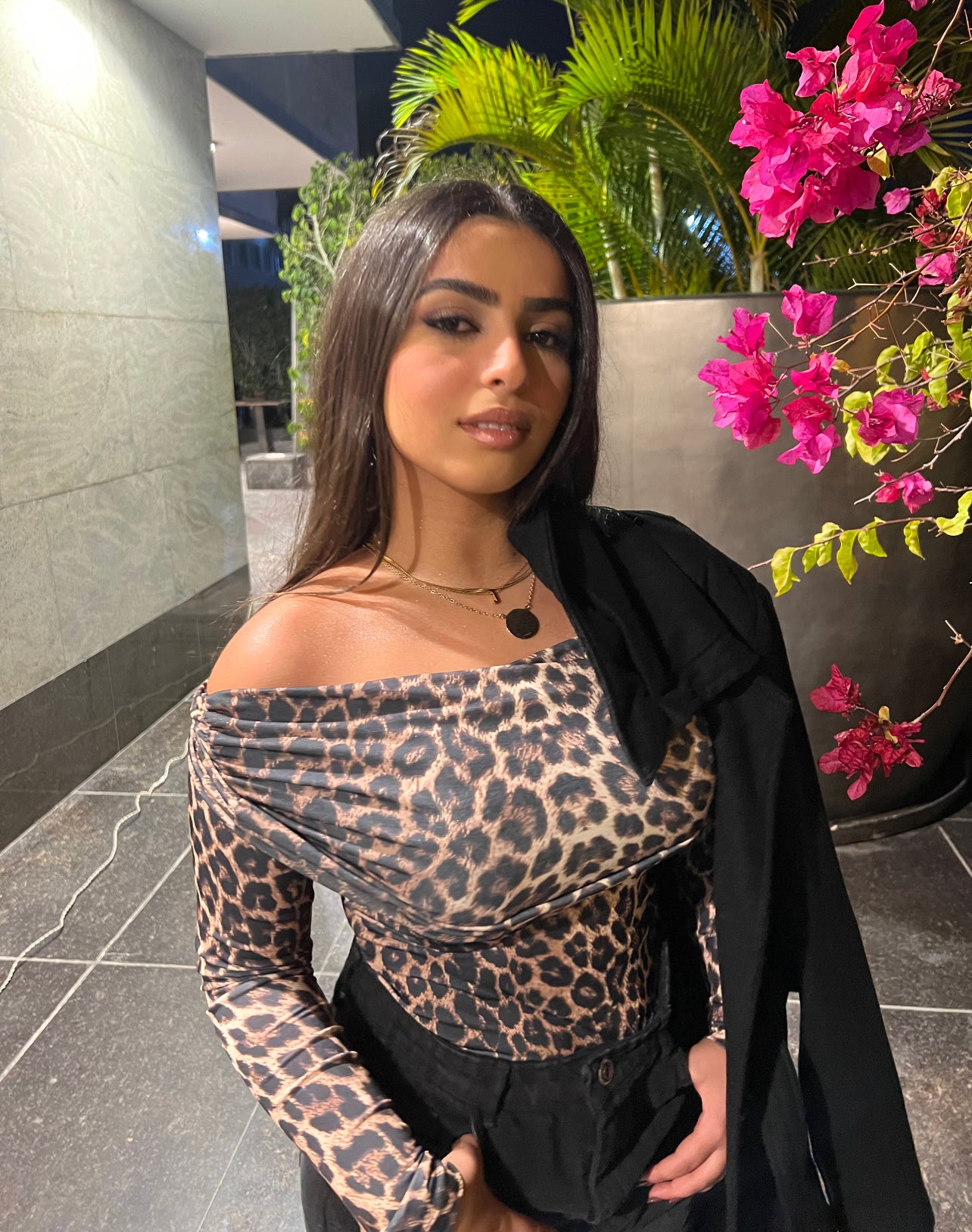 leopard off shoulder long sleeve