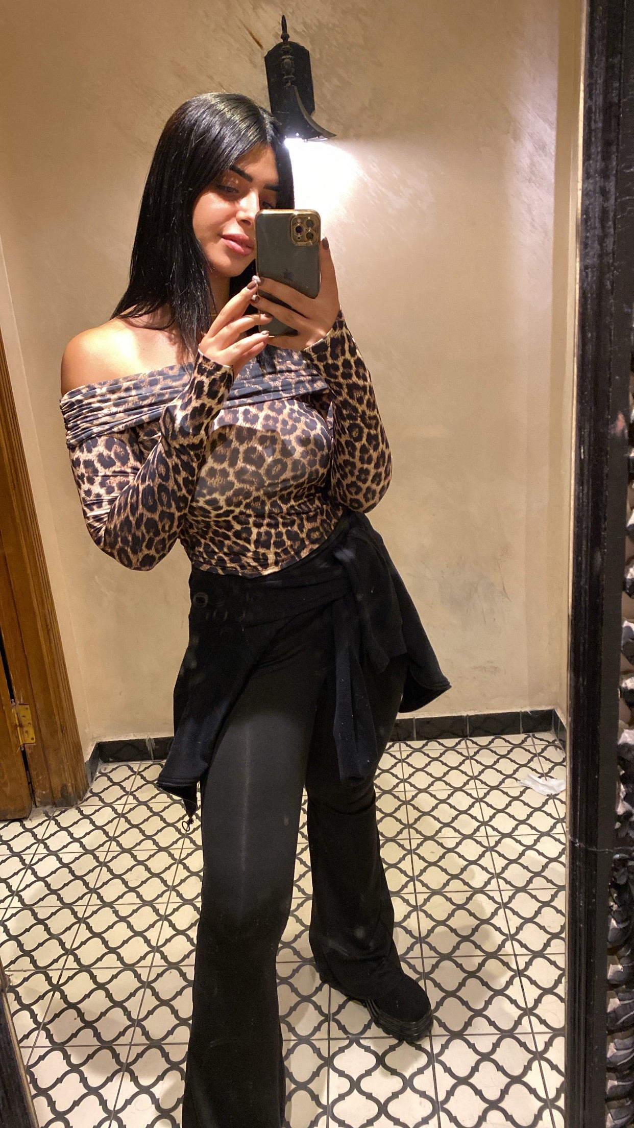 leopard off shoulder long sleeve