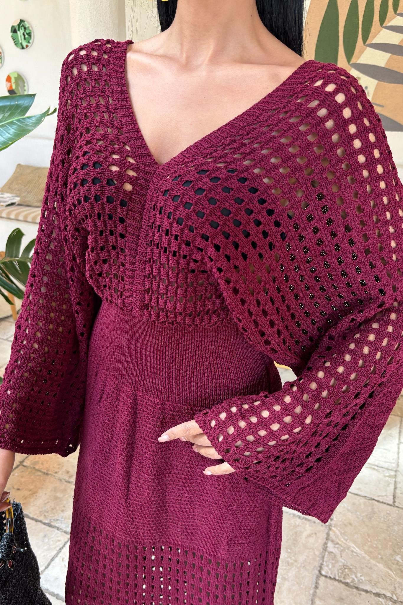 Bat Sleeve Openwork Knit Dress