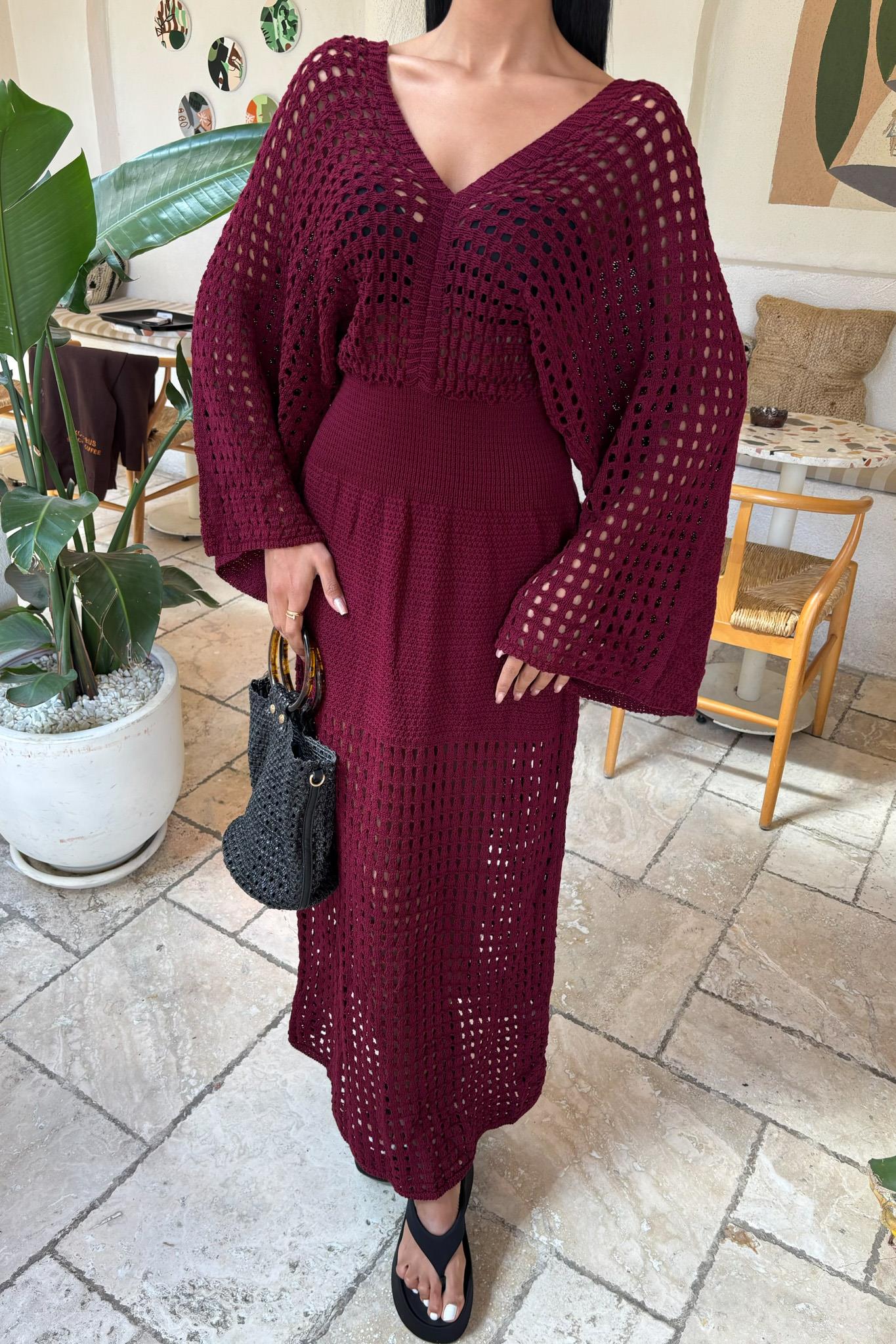 Bat Sleeve Openwork Knit Dress
