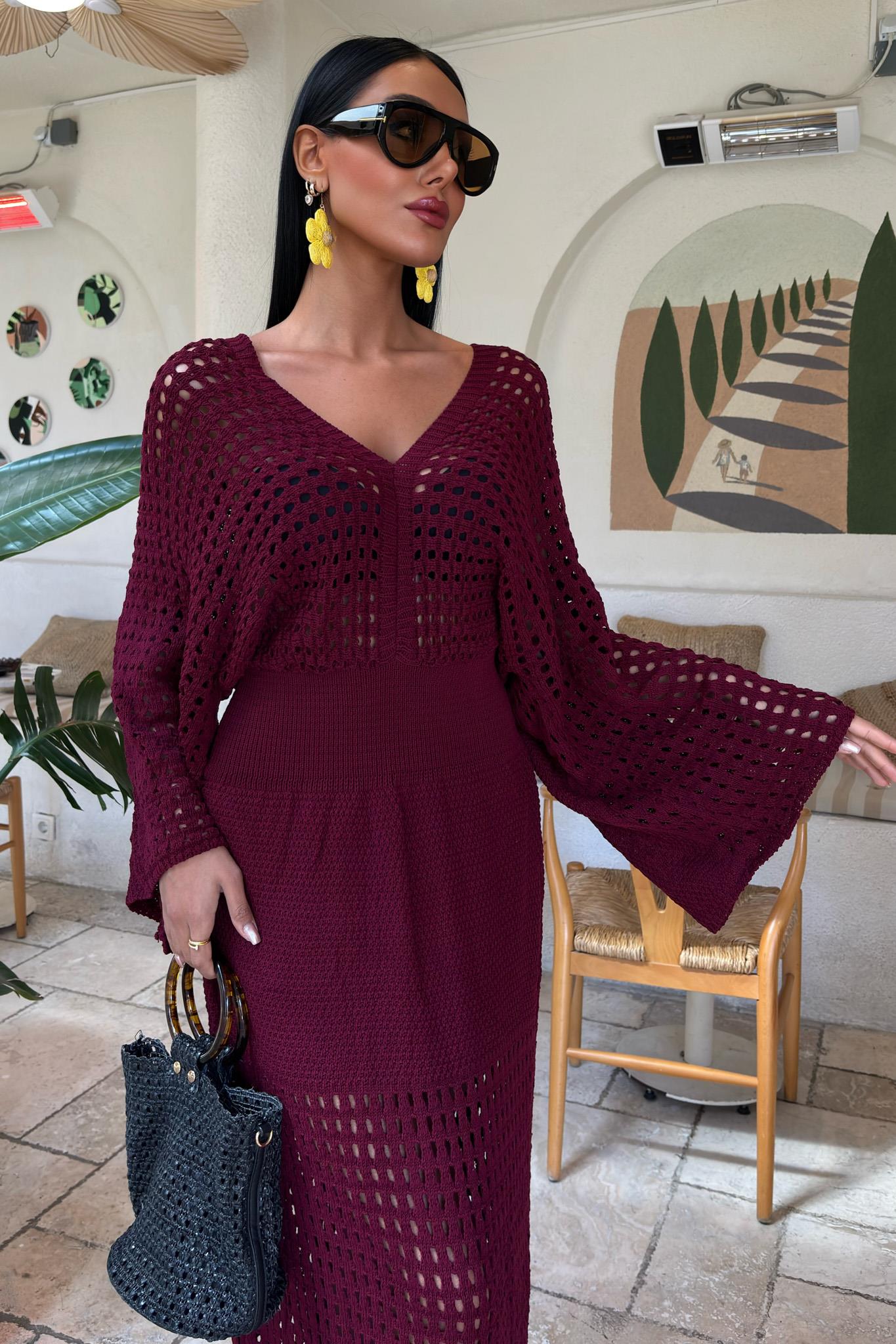 Bat Sleeve Openwork Knit Dress