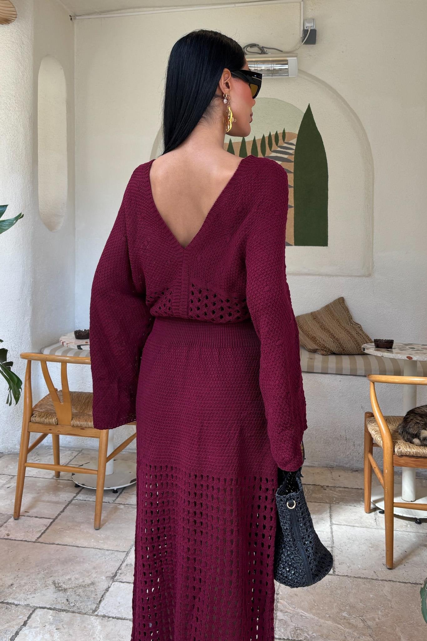 Bat Sleeve Openwork Knit Dress