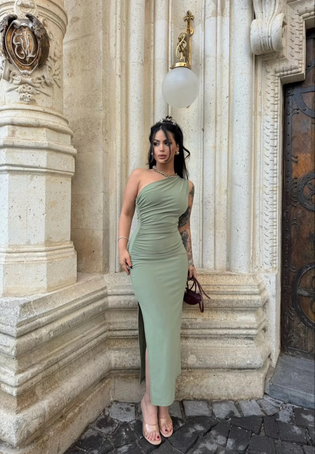 Olive  Single Sleeve Gathered Long Dress