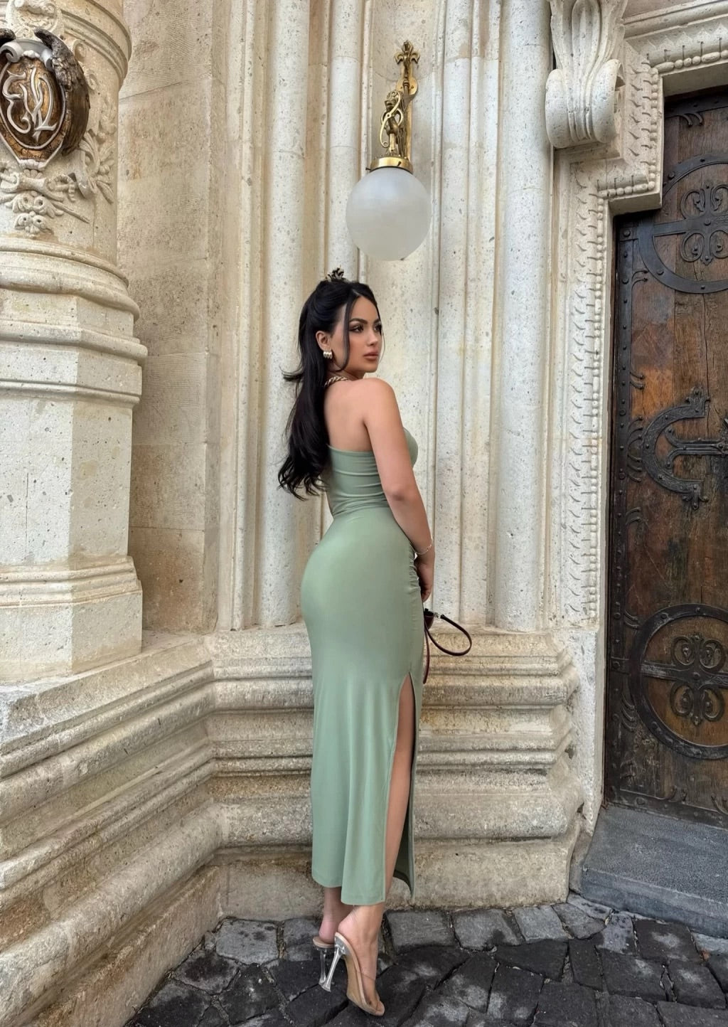 Olive  Single Sleeve Gathered Long Dress
