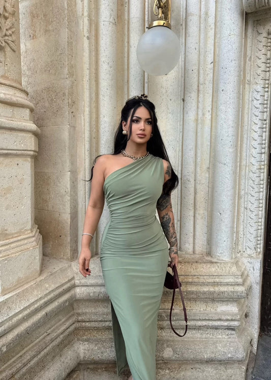 Olive  Single Sleeve Gathered Long Dress